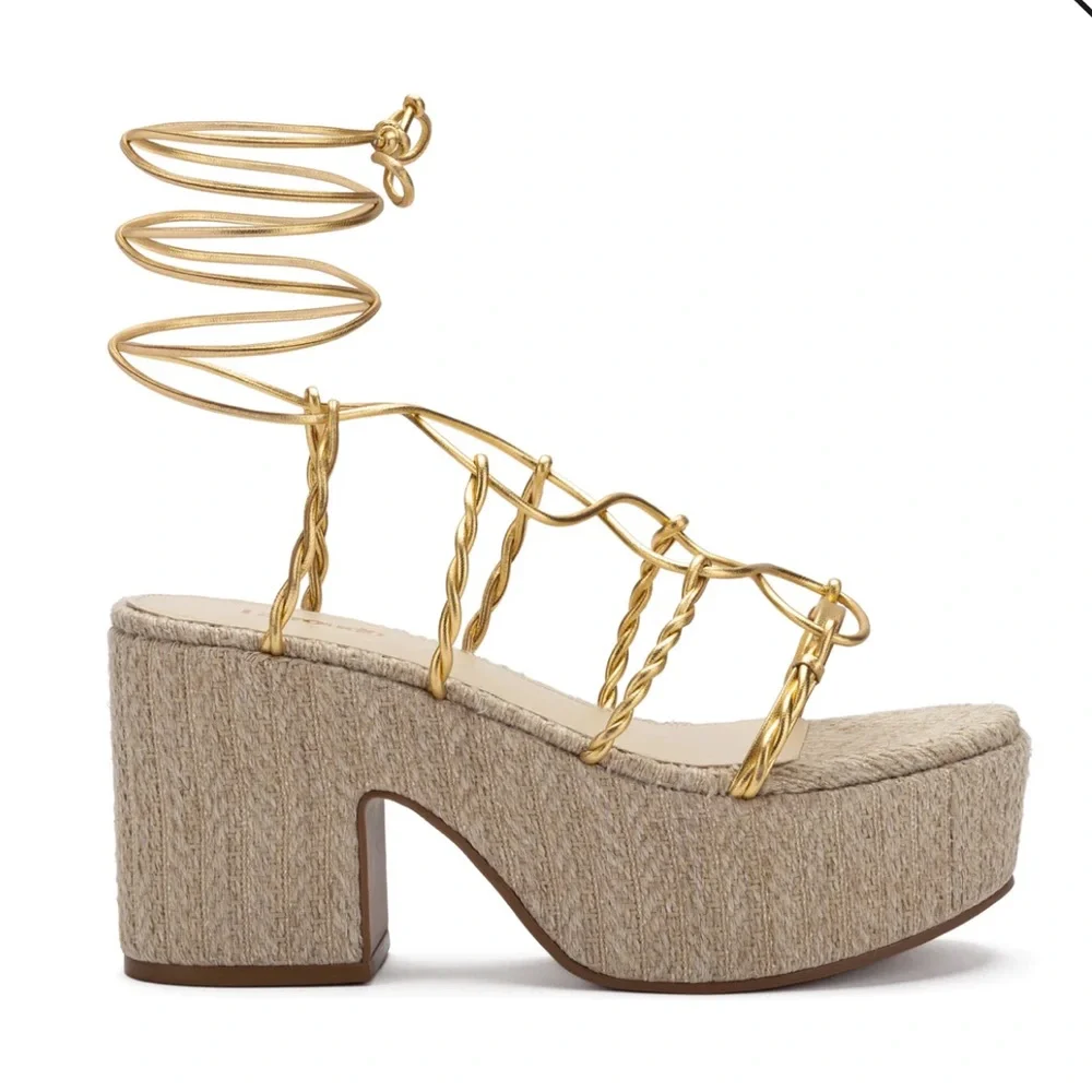 Larroude Coco Platform Sandal In Raffia and Gold Metallic Leather